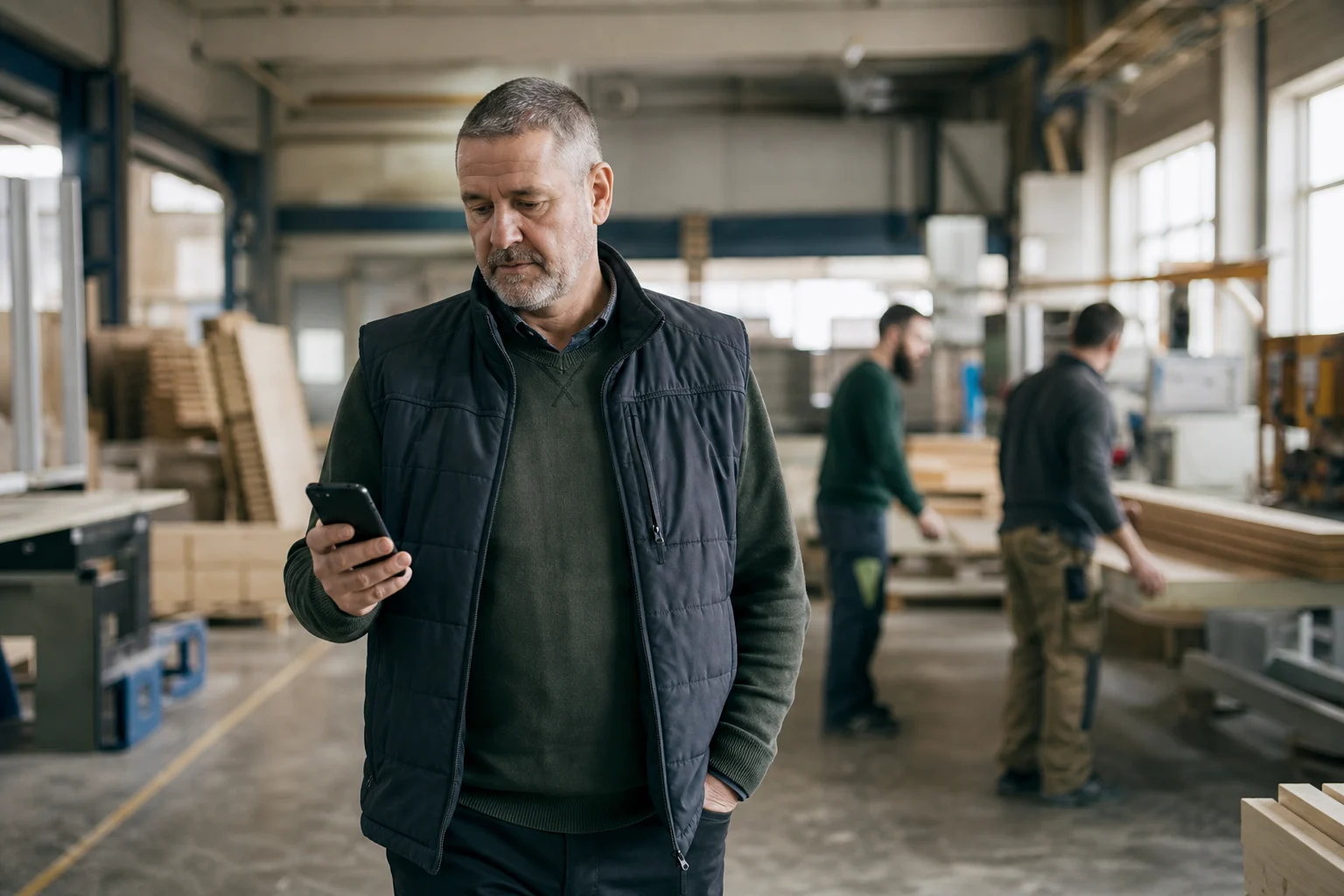 Provozní ředitel zadává úkol z výrobní haly pomocí telefonu