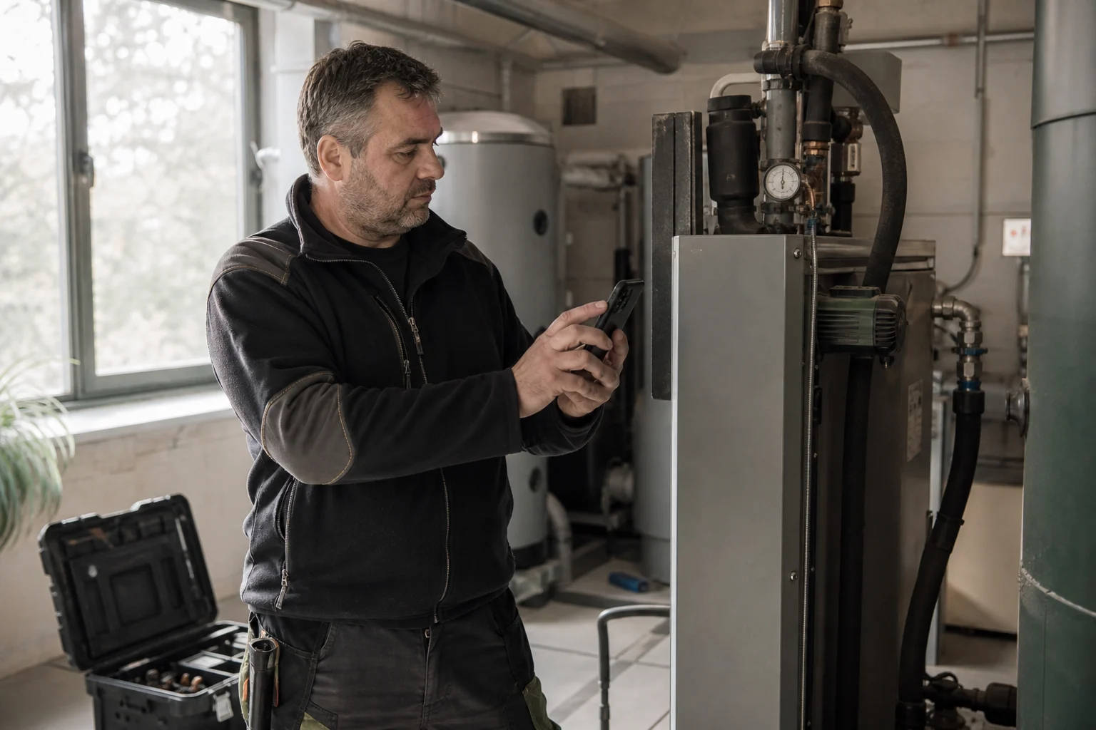 Servisní technik používá telefon ve strojovně